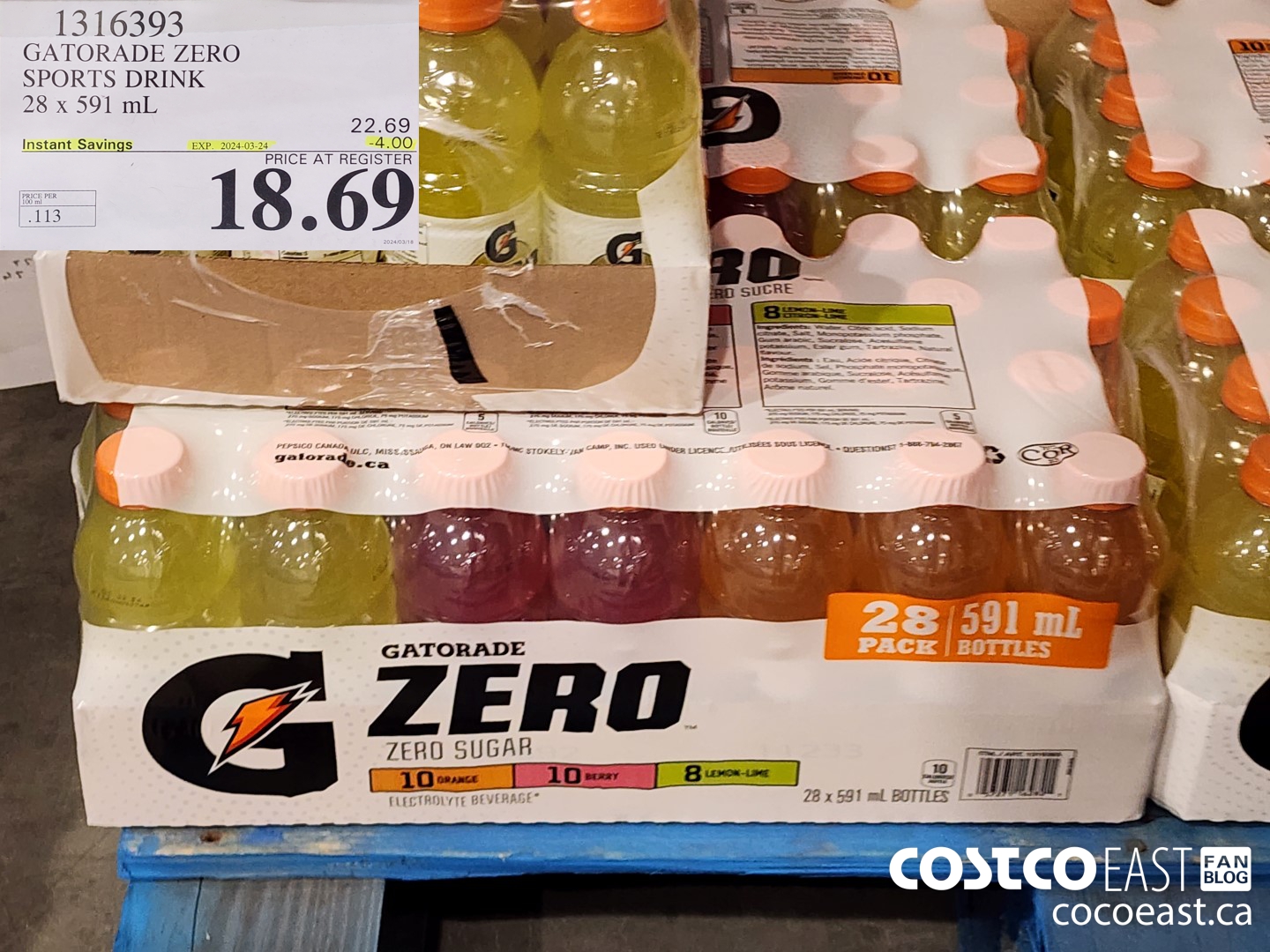 1316393 GATORADE ZERO SPORTS DRINK 28 x 591 ml ($4.00 INSTANT SAVINGS EXPIRES ON 2024-03-24) $18.69