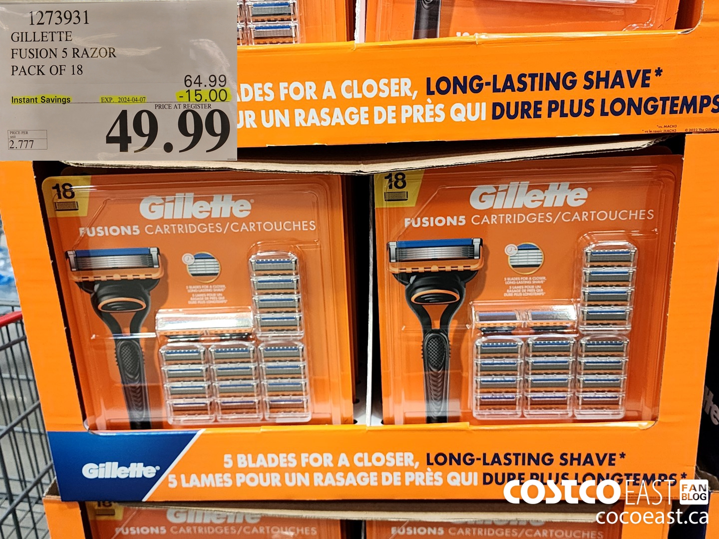 1273931 GILLETTE FUSION 5 CARTRIDGES PACK OF 18 ($15.00 INSTANT SAVINGS EXPIRES ON 2024-04-07) $49.99