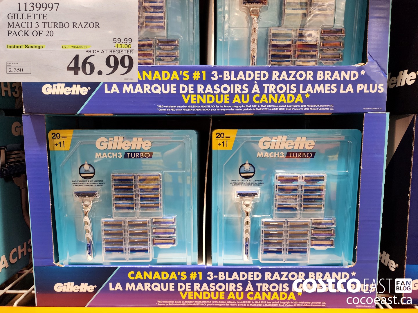 1139997 GILLETTE MACH 3 TURBO RAZOR PACK OF 20 ($13.00 INSTANT SAVINGS EXPIRES ON 2024-03-10) $46.99