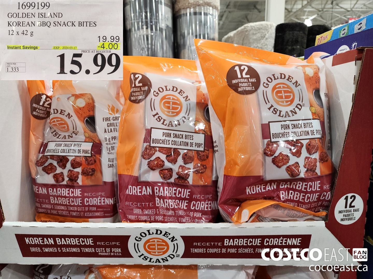 1699199 GOLDEN ISLAND KOREAN BBQ SNACK BITES 12x42 g ($4.00 INSTANT SAVINGS EXPIRES ON 2024-03-17) $15.99