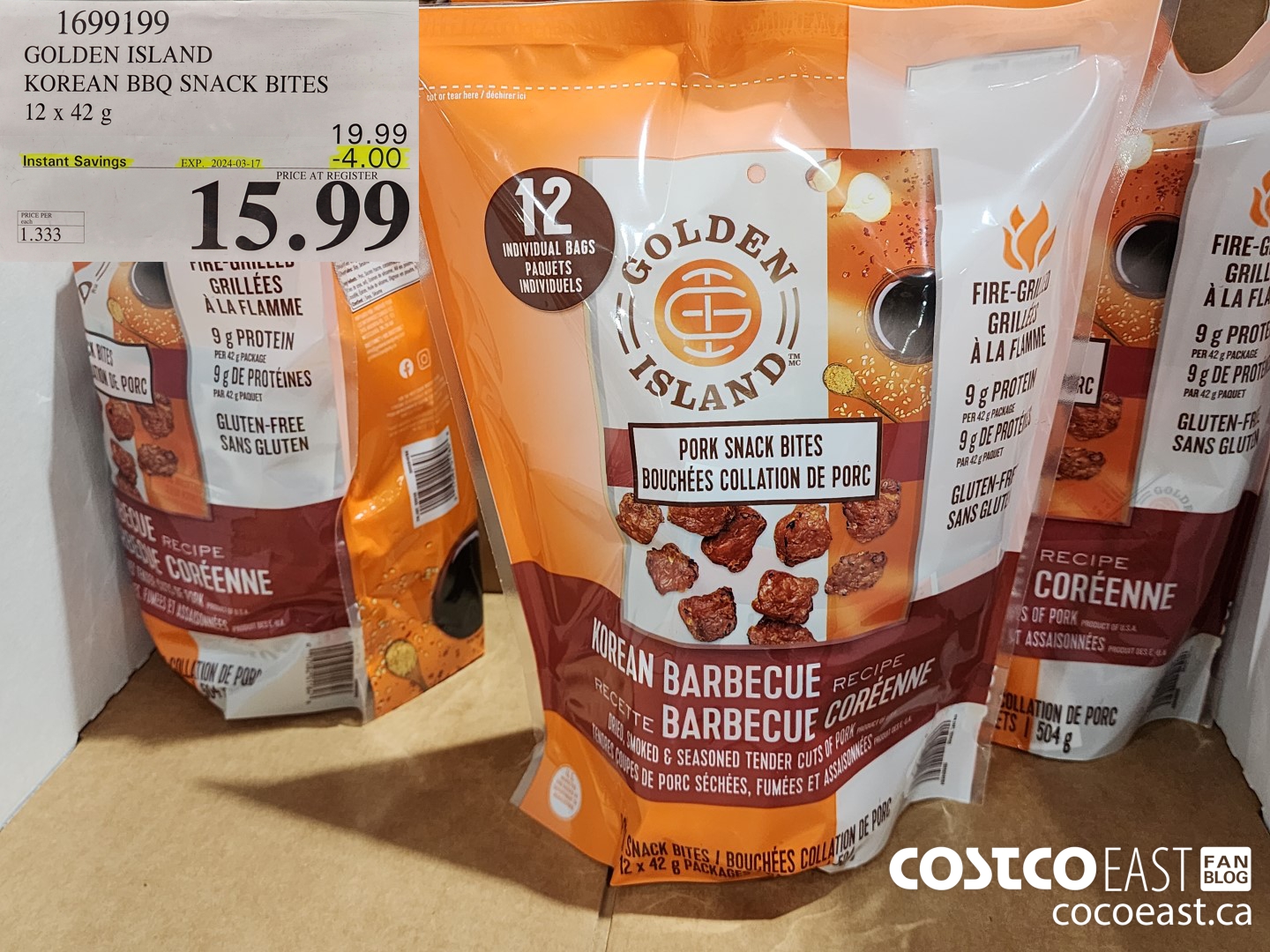 1699199 GOLDEN ISLAND KOREAN BBQ SNACK BITES 12x42 g ($4.00 INSTANT SAVINGS EXPIRES ON 2024-03-17) $15.99