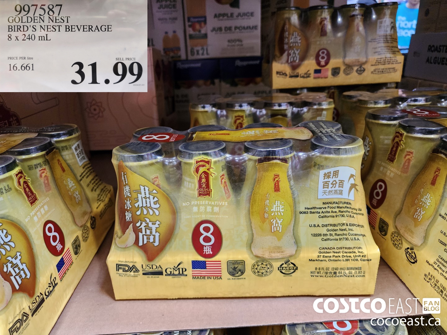 997587 GOLDEN NEST BIRD'S NEST BEVERAGE 8 x 240 mL $31.99