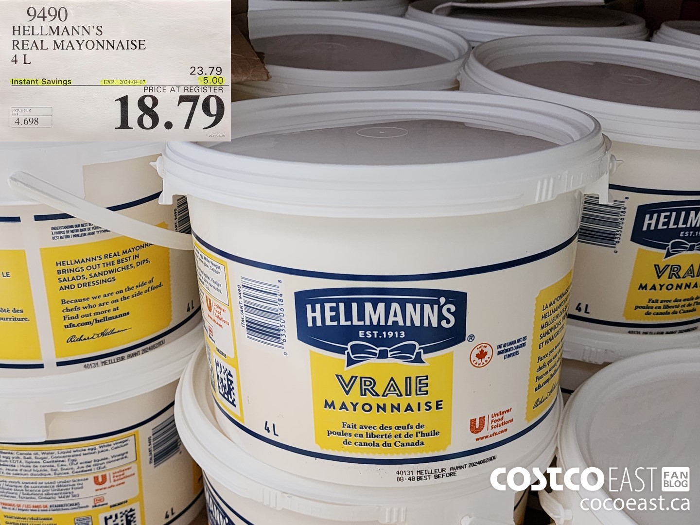 9490 HELLMANN'S REAL MAYONNAISE 4L ($5.00 INSTANT SAVINGS EXPIRES ON 2024-04-07) $18.79