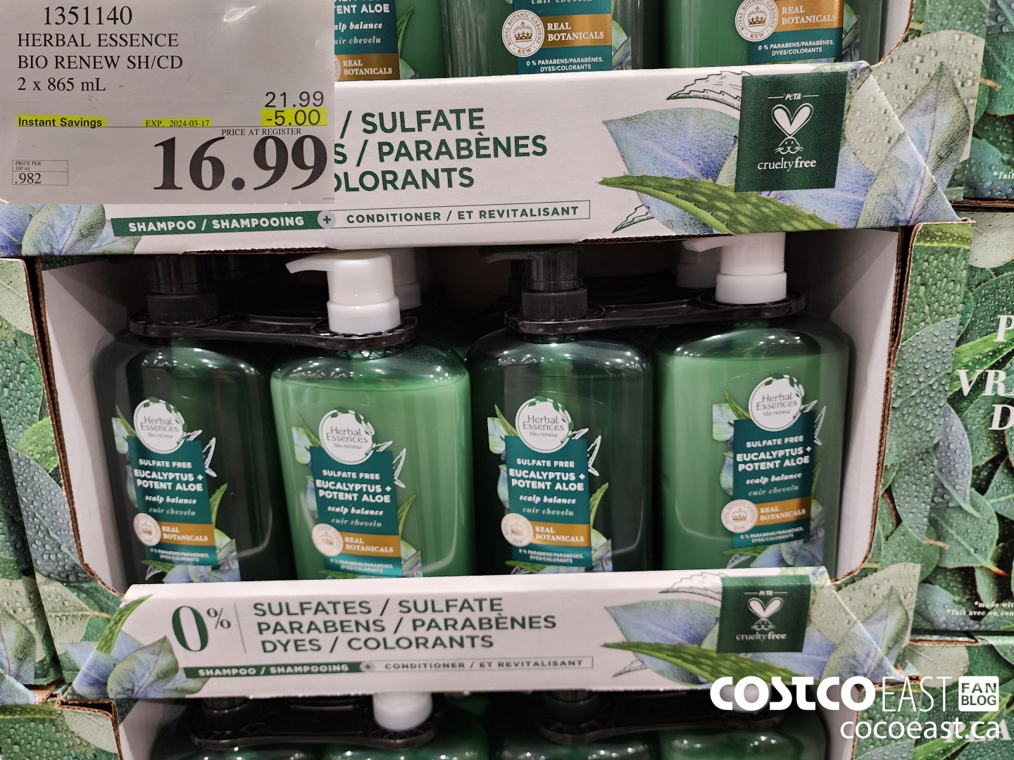 1351140 HERBAL ESSENCE BIO RENEW SH/CD 2 x 865 mL ($5.00 INSTANT SAVINGS EXPIRES ON 2024-03-17) $16.99