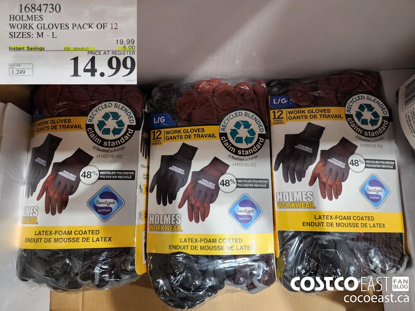 1684730 HOLMES WORK GLOVES PACK OF 12 SIZES: M - L ($4.00 INSTANT SAVINGS EXPIRES ON 2024-03-17) $14.99