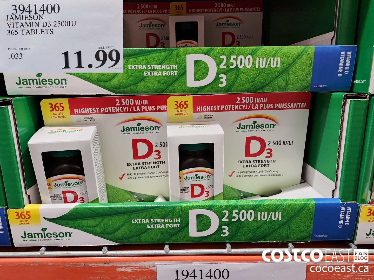 3941400 JAMIESON VITAMIN D3 2500IU 365 TABLETS $11.99