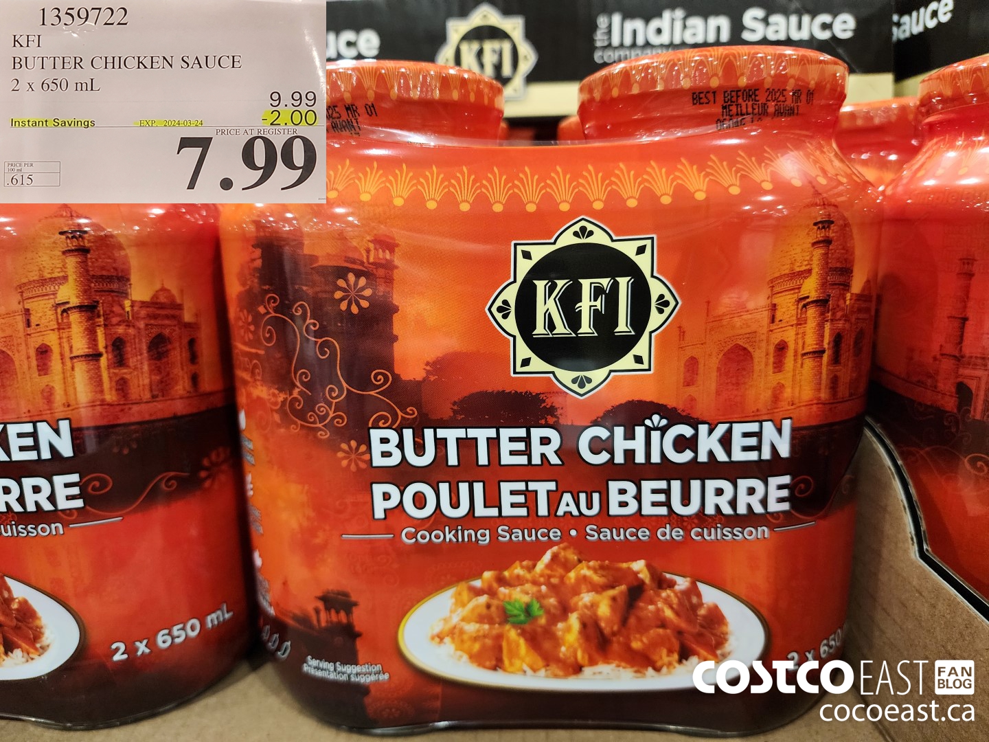 1359722 KFI BUTTER CHICKEN SAUCE 2 x 650 mL ($2.00 INSTANT SAVINGS EXPIRES ON 2024-03-24) $7.99