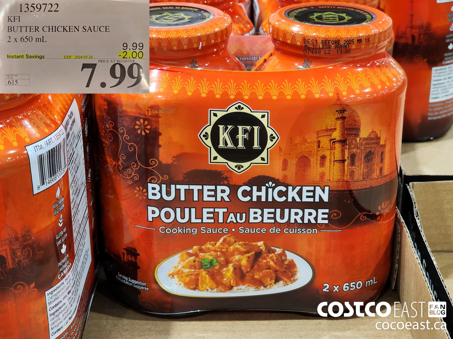 1359722 KFI BUTTER CHICKEN SAUCE 2 x 650 mL ($2.00 INSTANT SAVINGS EXPIRES ON 2024-03-24) $7.99