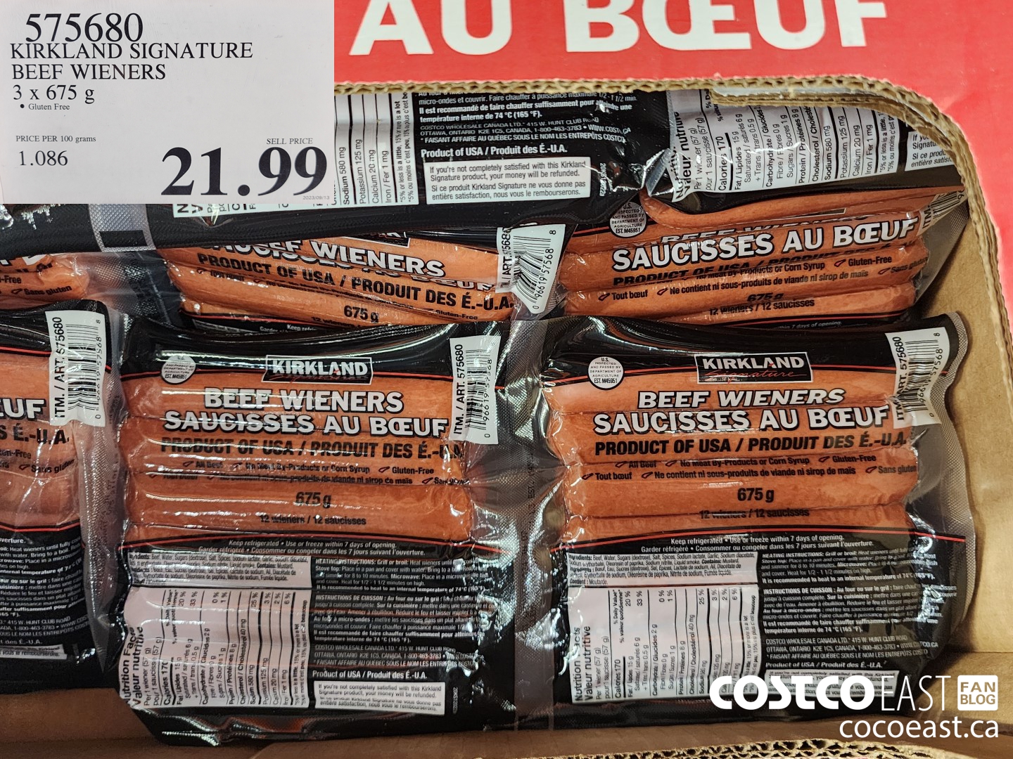 575680 KIRKLAND SIGNATURE BEEF WIENERS 3x 675 g $21.99