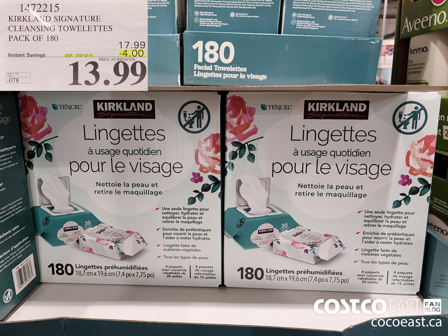 1472215 KIRKLAND SIGNATURE CLEANSING TOWELETTES PACK OF 180 ($4.00 INSTANT SAVINGS EXPIRES ON 2024-03-31) $13.99