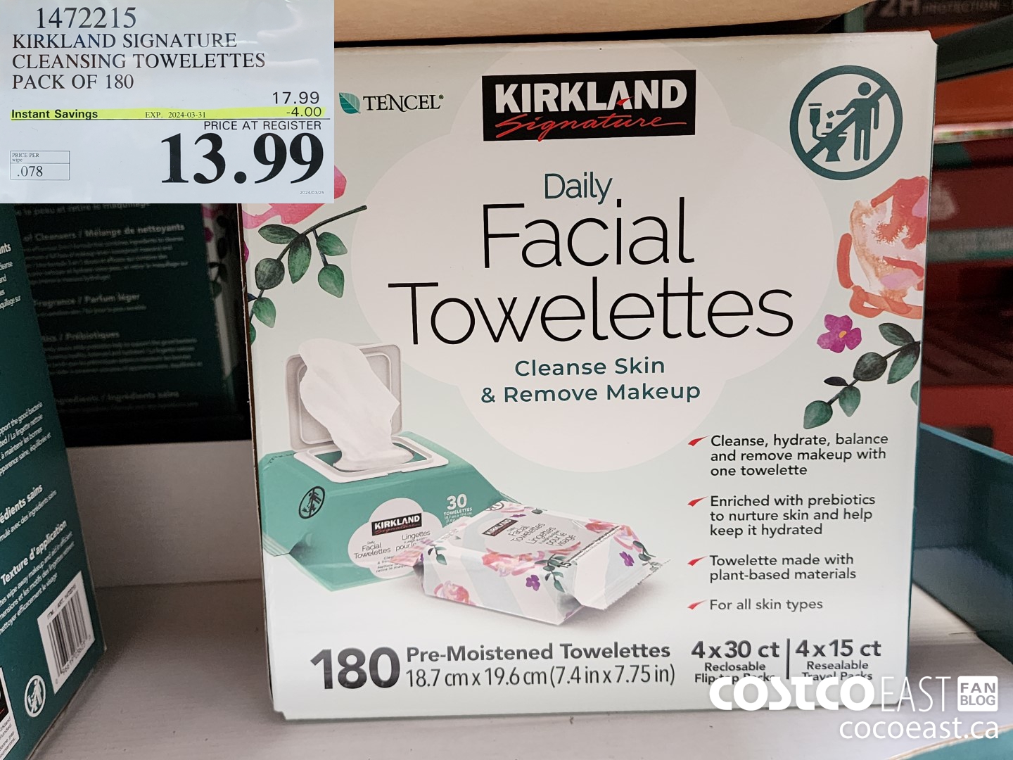 1472215 KIRKLAND SIGNATURE CLEANSING TOWELETTES PACK OF 180 ($4.00 INSTANT SAVINGS EXPIRES ON 2024-03-31) $13.99