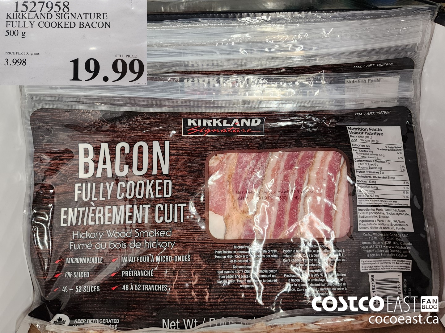 1527958 KIRKLAND SIGNATURE FULLY COOKED BACON 500 G $19.99