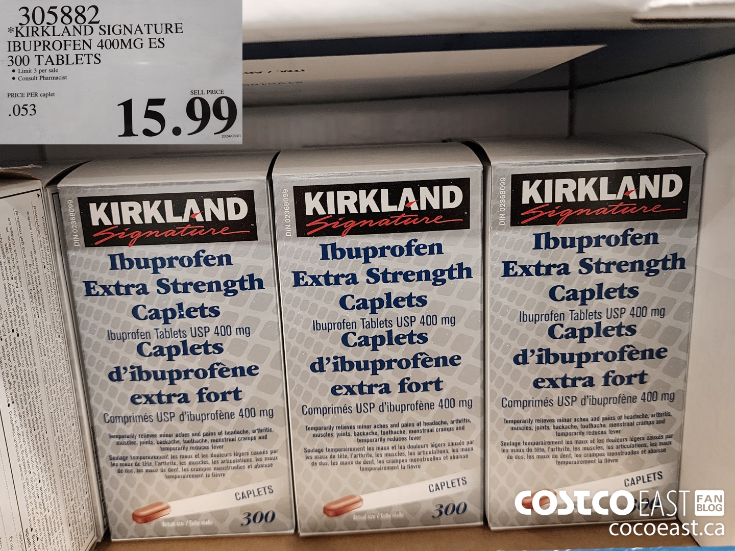 305882 KIRKLAND SIGNATURE IBUPROFEN 400MG ES 300 TABLETS $15.99