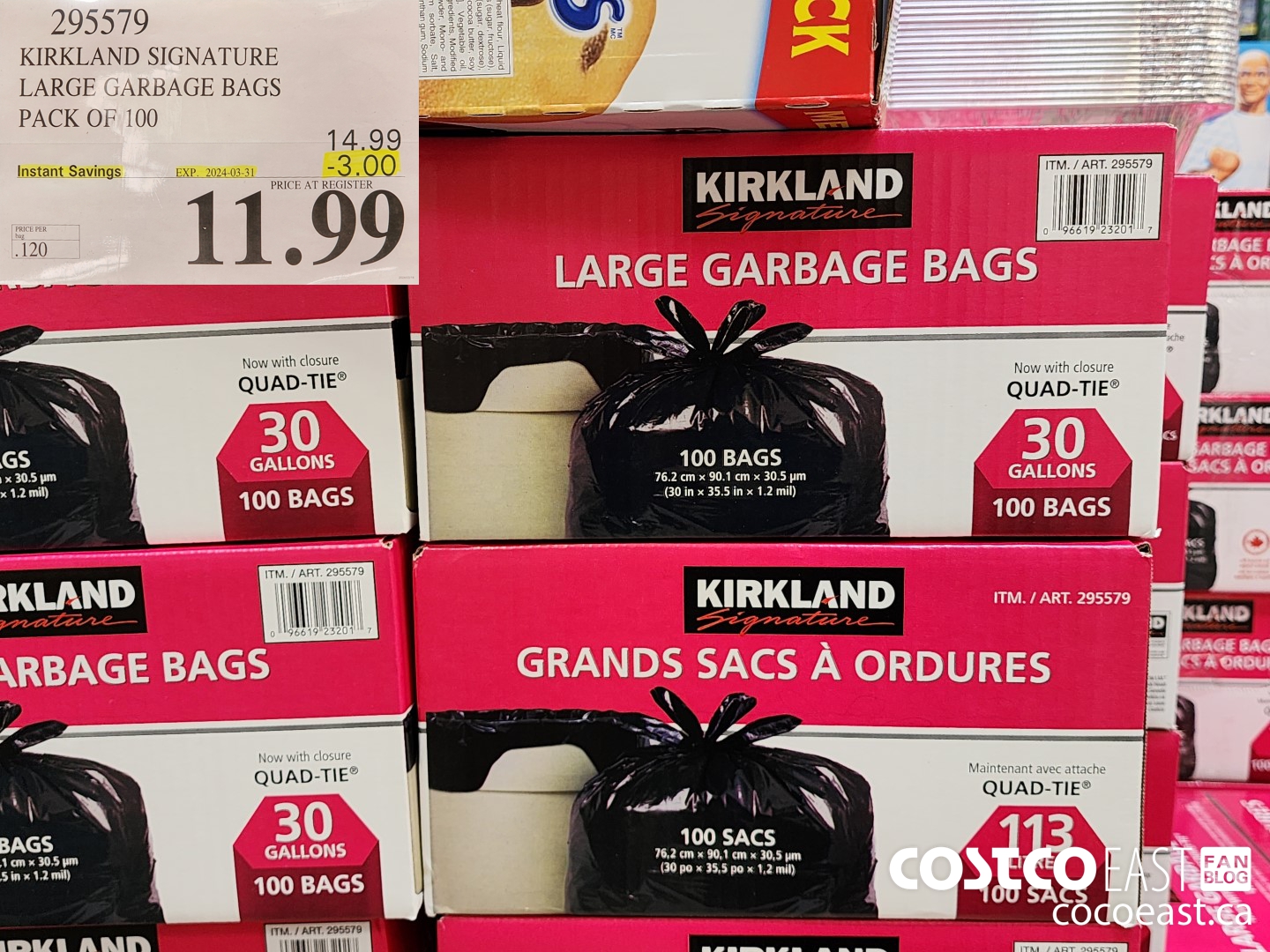 295579 KIRKLAND SIGNATURE LARGE GARBAGE BAGS PACK OF 100 ($3.00 INSTANT SAVINGS EXPIRES ON 2024-03-31) $11.99