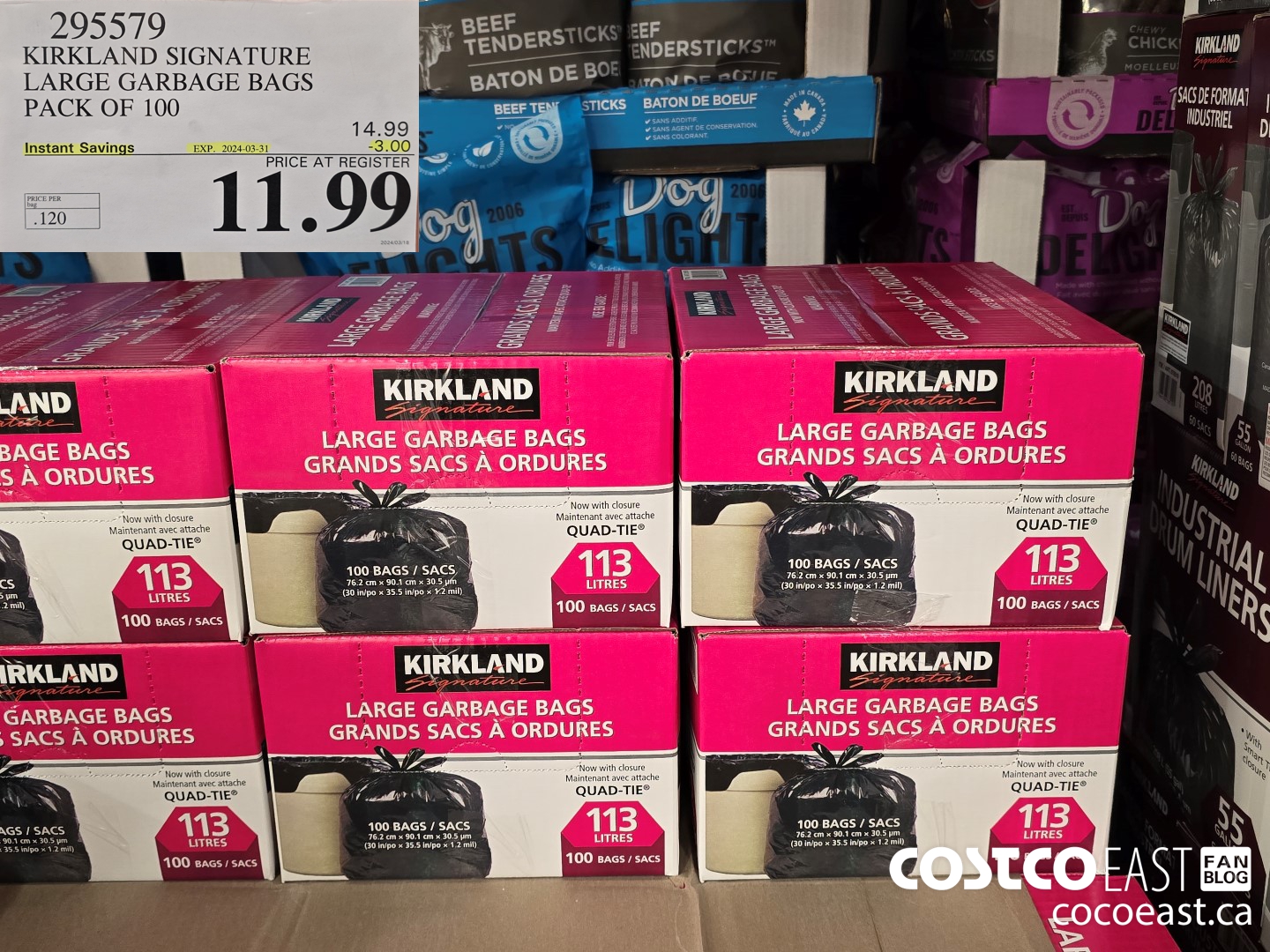 295579 KIRKLAND SIGNATURE LARGE GARBAGE BAGS PACK OF 100 ($3.00 INSTANT SAVINGS EXPIRES ON 2024-03-31) $11.99