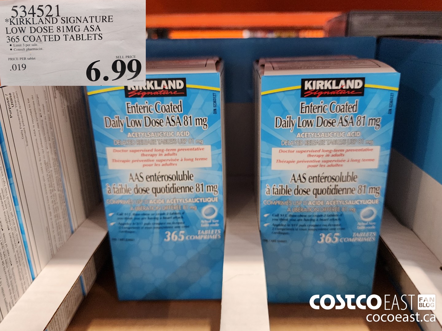 534521 KIRKLAND SIGNATURE LOW DOSE 81MG ASA 365 COATED TABLETS $6.99
