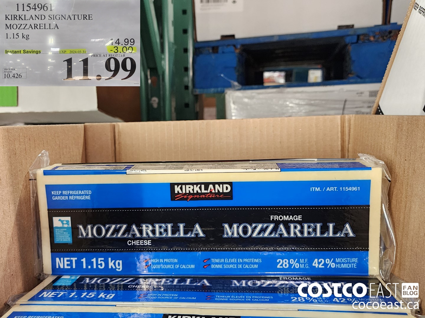 1154961 KIRKLAND SIGNATURE MOZZARELLA 1.15 kg ($3.00 INSTANT SAVINGS EXPIRES ON 2024-03-31) $11.99