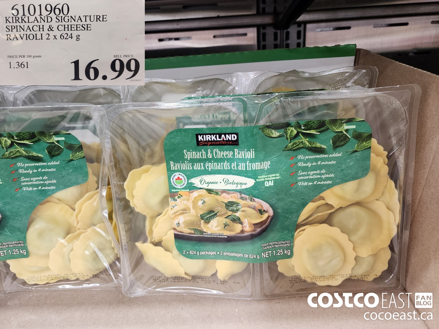 5101960 KIRKLAND SIGNATURE SPINACH & CHEESE RAVIOLI 2 x 624 g $16.99