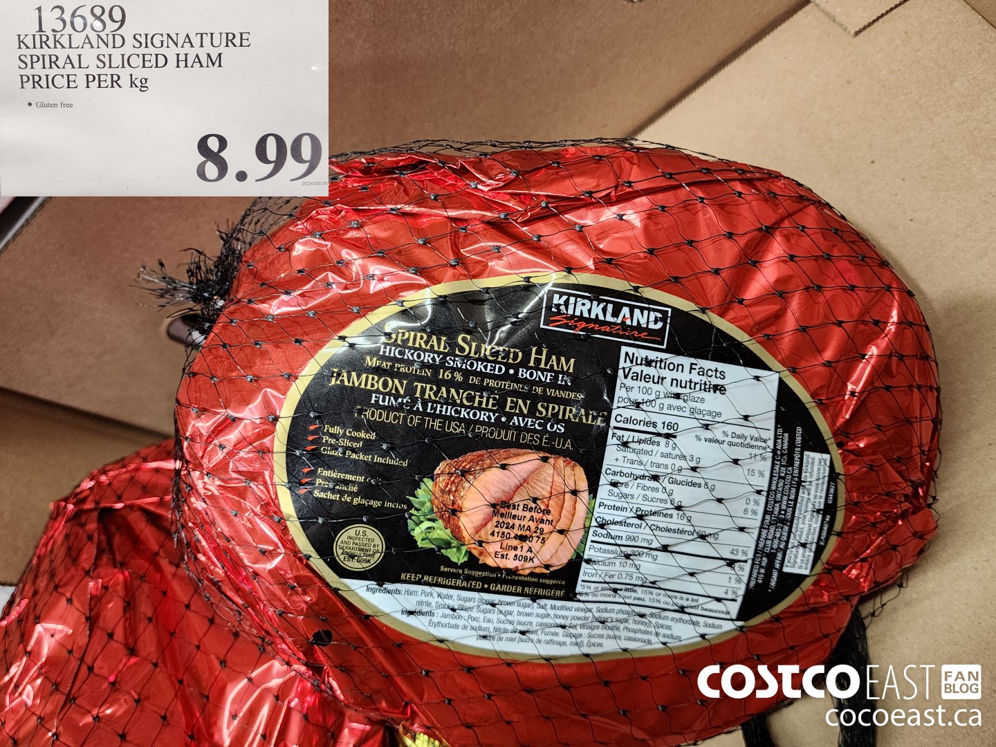 13689 KIRKLAND SIGNATURE SPIRAL SLICED HAM PRICE PER KG $8.99