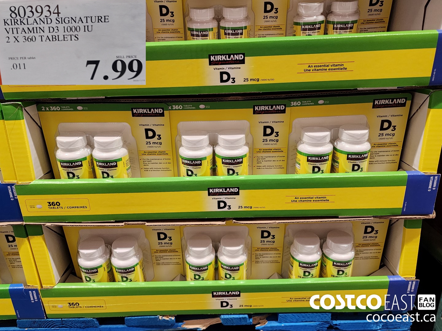 803934 KIRKLAND SIGNATURE VITAMIN D3 1000 IU 2 X 360 TABLETS $7.99