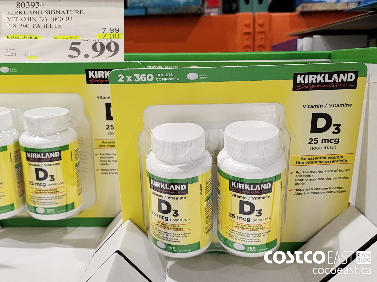 803934 KIRKLAND SIGNATURE VITAMIN D3 1000 IU 2 X 360 TABLETS ($2.00 INSTANT SAVINGS EXPIRES ON 2024-04-14) $5.99
