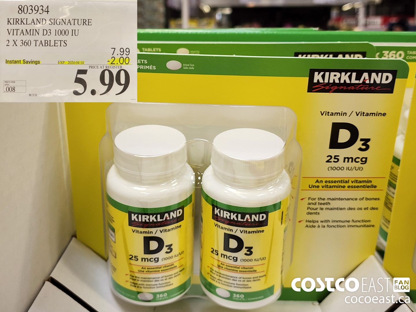 803934 KIRKLAND SIGNATURE VITAMIN D3 1000 IU 2 X 360 TABLETS ($2.00 INSTANT SAVINGS EXPIRES ON 2024-04-14) $5.99