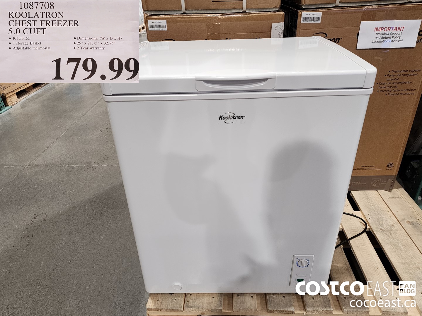 1087708 KOOLATRON CHEST FREEZER 5.0 CUFT $179.99