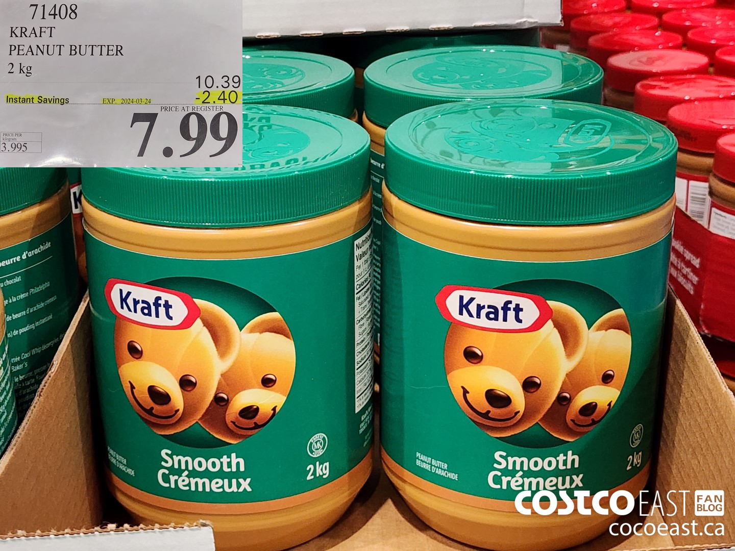 71408 KRAFT PEANUT BUTTER 2 KG ($2.40 INSTANT SAVINGS EXPIRES ON 2024-03-24) $7.99