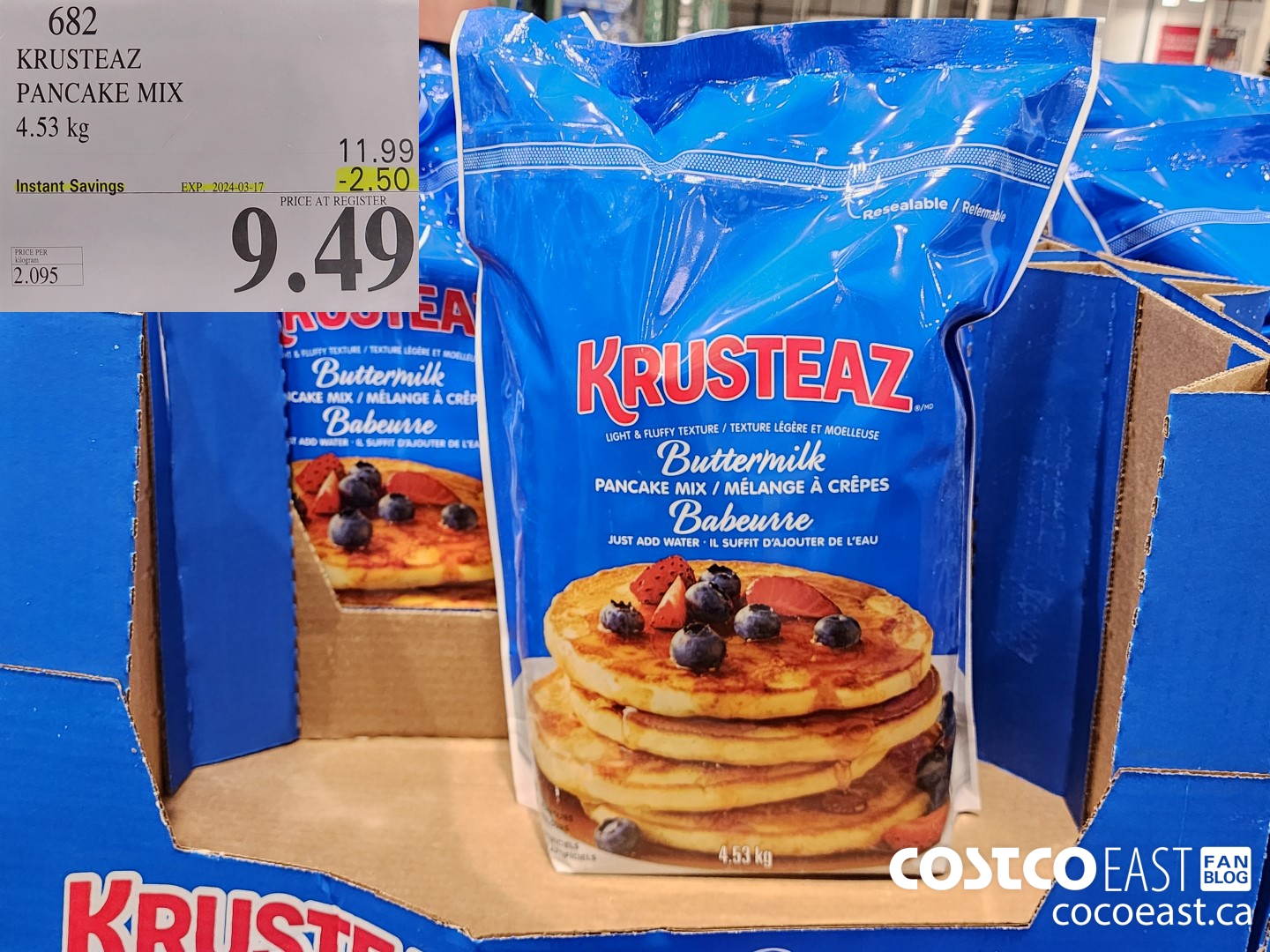 682 KRUSTEAZ PANCAKE MIX 4.53KG ($2.50 INSTANT SAVINGS EXPIRES ON 2024-03-17) $9.49