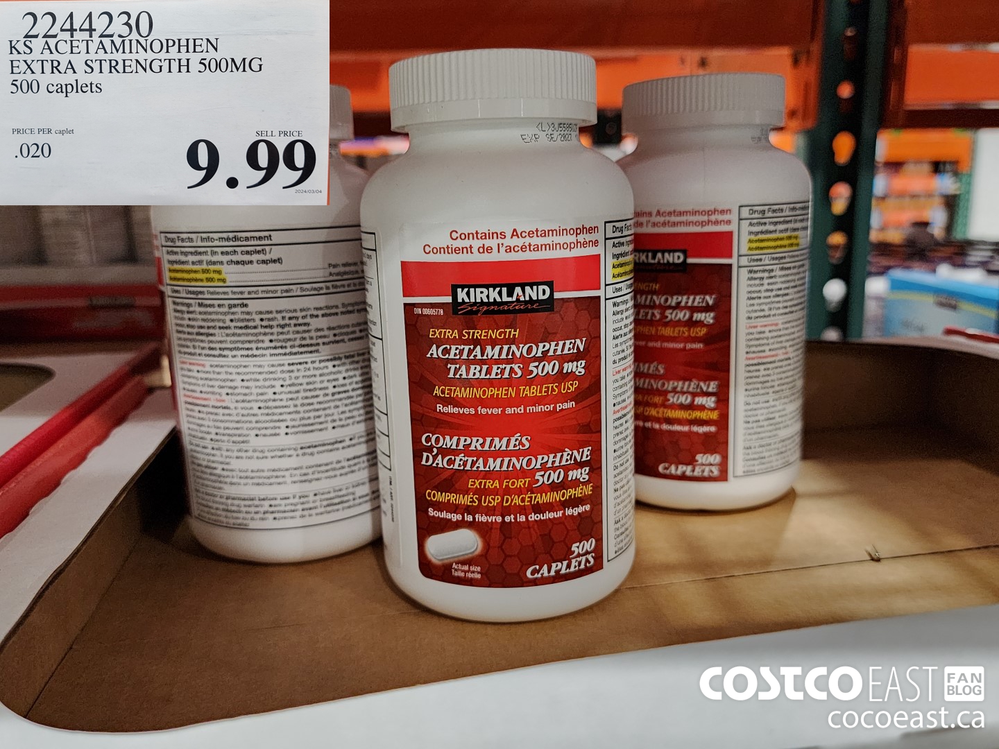 2244230 KS ACETAMINOPHEN EXTRA STRENGTH 500MG 500 CAPLETS $9.99