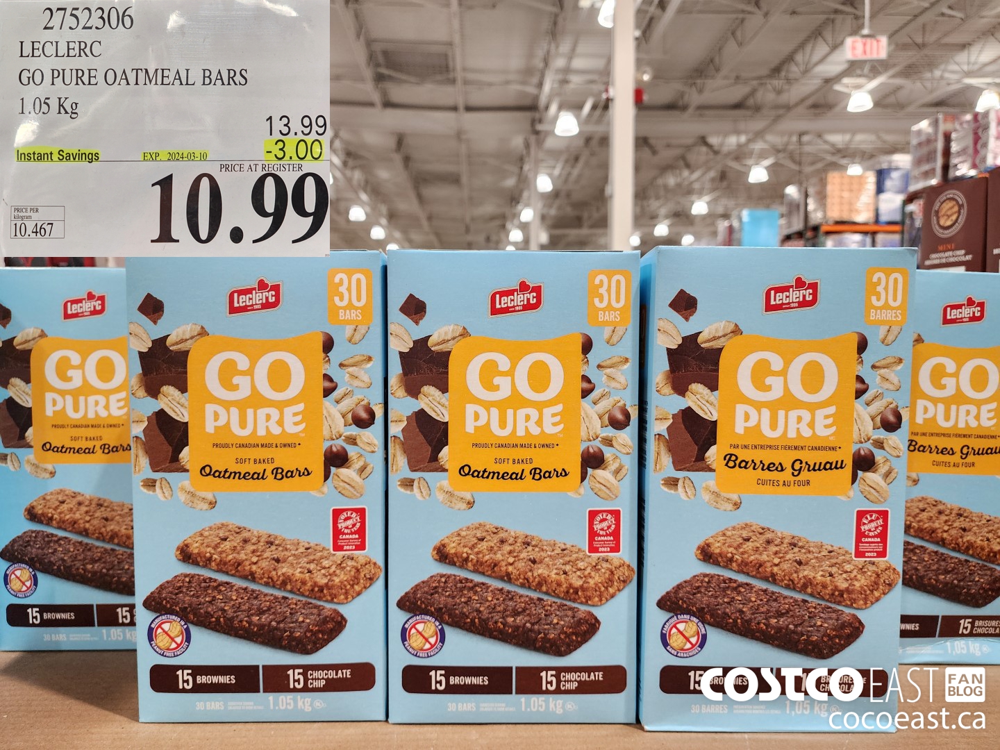 2752306 LECLERC GO PURE OATMEAL BARS 1.05 Kg ($3.00 INSTANT SAVINGS EXPIRES ON 2024-03-10) $10.99