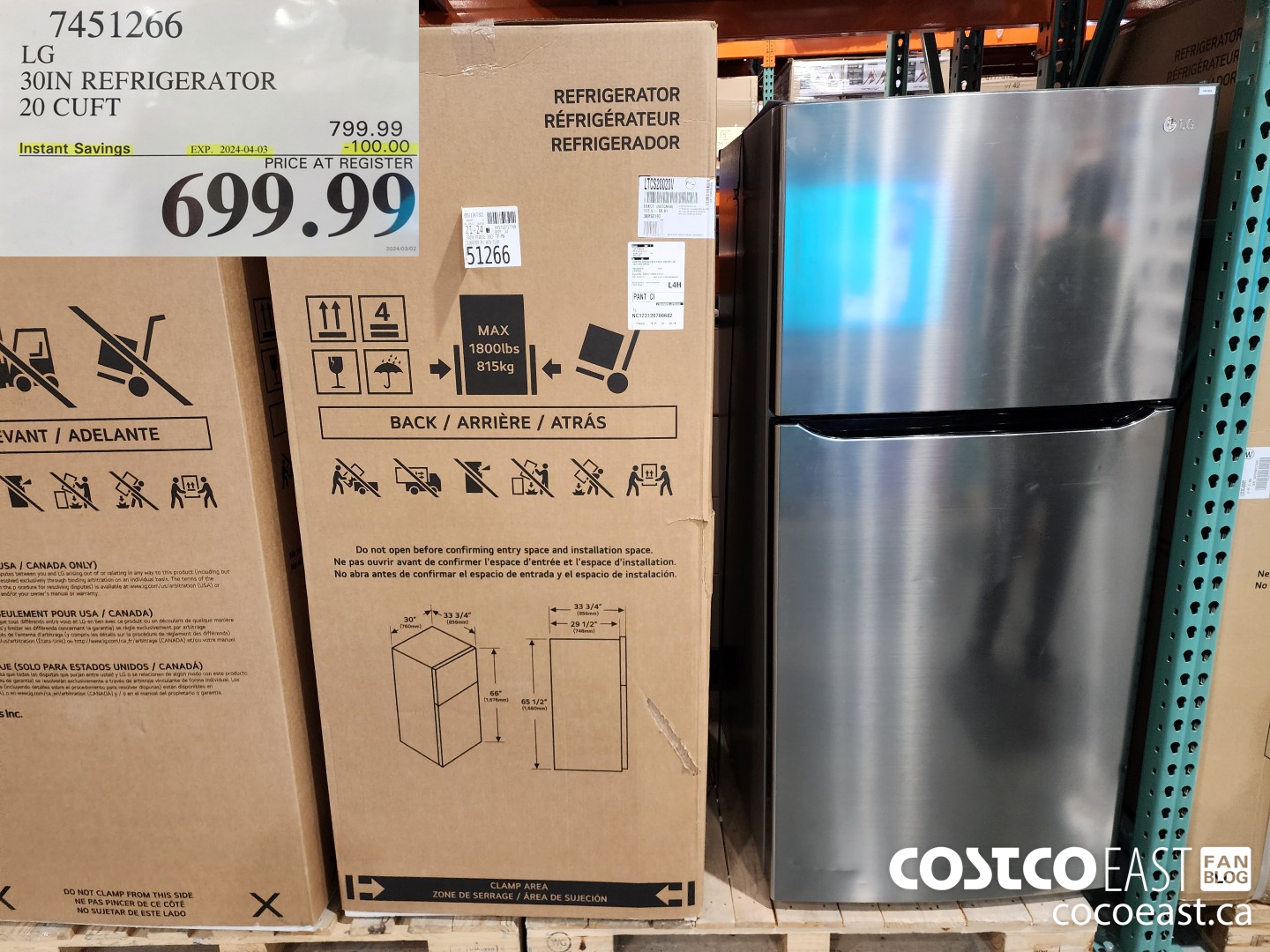 7451266 LG 30 IN. REFRIGERATOR 20 cuft ($100.00 INSTANT SAVINGS EXPIRES ON 2024-04-03) $699.99