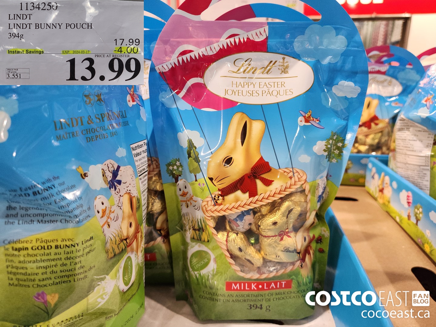 1134250 LINDT LINDT BUNNY POUCH 394G ($4.00 INSTANT SAVINGS EXPIRES ON 2024-03-17) $13.99