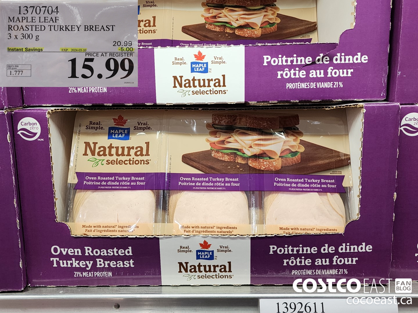 1370704 MAPLE LEAF SLICED TURKEY BREAST 3 x 300 G ($5.00 INSTANT SAVINGS EXPIRES ON 2024-03-10) $15.99