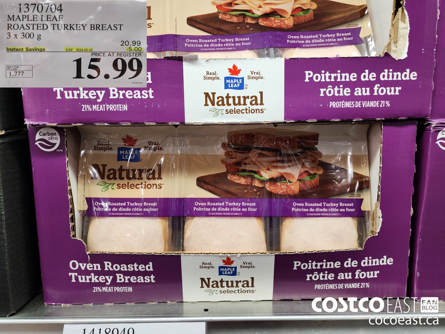 1370704 MAPLE LEAF SLICED TURKEY BREAST 3 x 300 G ($5.00 INSTANT SAVINGS EXPIRES ON 2024-03-10) $15.99