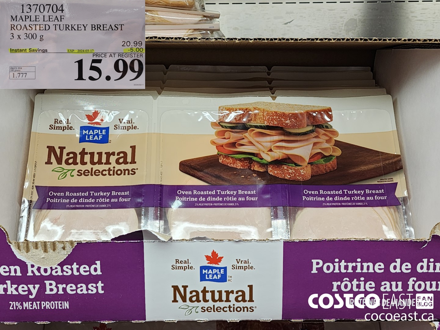 1370704 MAPLE LEAF SLICED TURKEY BREAST 3 x 300 G ($5.00 INSTANT SAVINGS EXPIRES ON 2024-03-17) $15.99