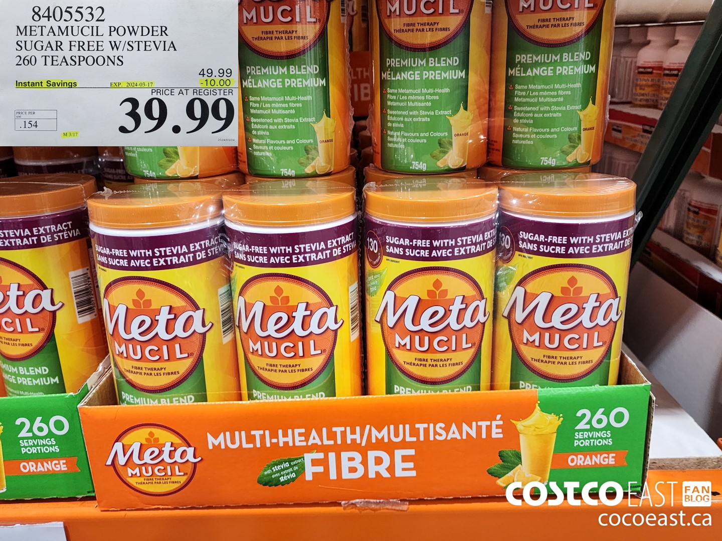 8405532 METAMUCIL POWDER SUGAR FREE W/STEVIA 260 TEASPOONS ($10.00 INSTANT SAVINGS EXPIRES ON 2024-03-17) $39.99