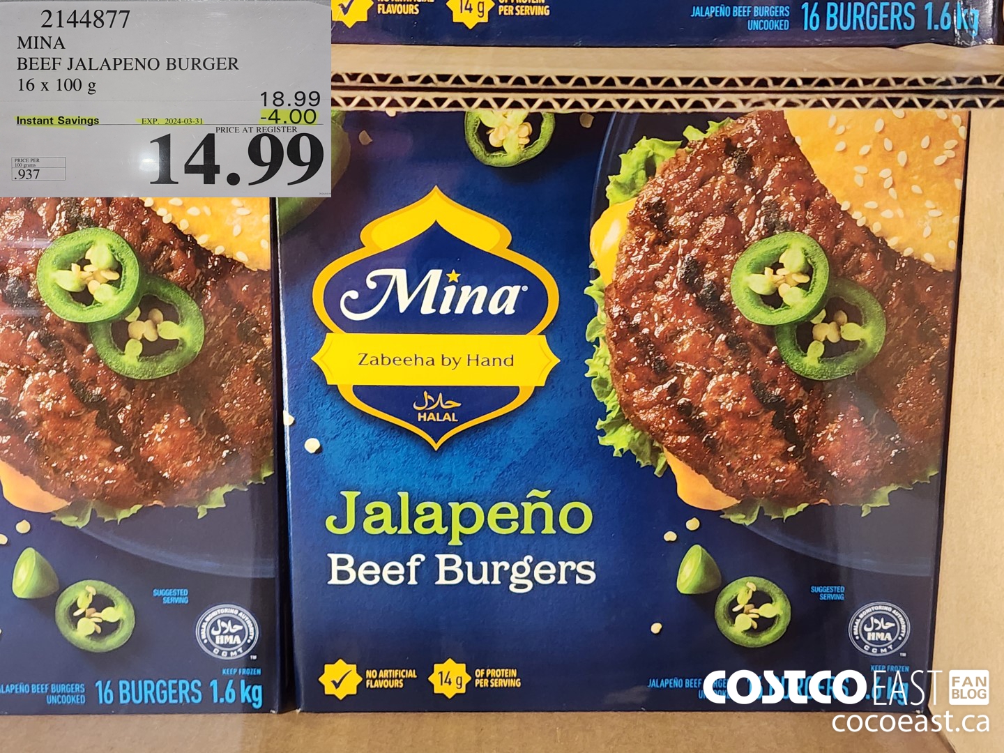2144877 MINA BEEF JALAPENO BURGER 16 x 100 g ($4.00 INSTANT SAVINGS EXPIRES ON 2024-03-31) $14.99
