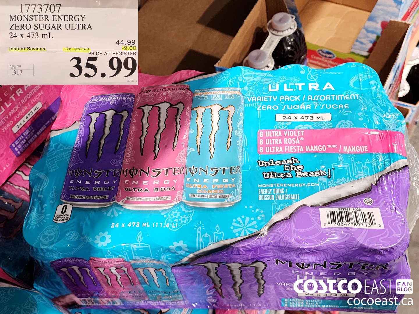 1773707 MONSTER ENERGY ZERO SUGAR ULTRA 24 X 473 ML ($9.00 INSTANT SAVINGS EXPIRES ON 2024-03-31) $35.99