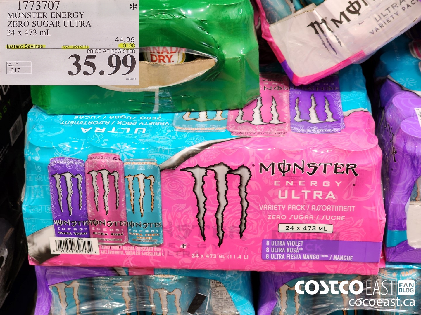 1773707 MONSTER ENERGY ZERO SUGAR ULTRA 24 X 473 ML ($9.00 INSTANT SAVINGS EXPIRES ON 2024-03-31) $35.99