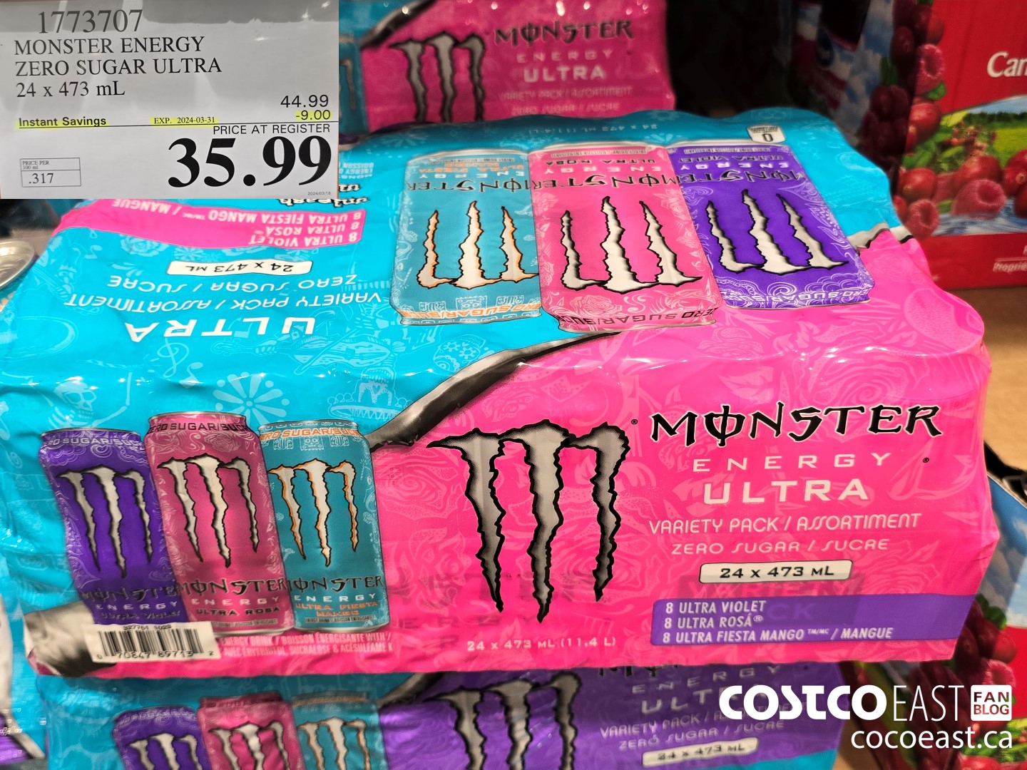 1773707 MONSTER ENERGY ZERO SUGAR ULTRA 24 X 473 ML ($9.00 INSTANT SAVINGS EXPIRES ON 2024-03-31) $35.99