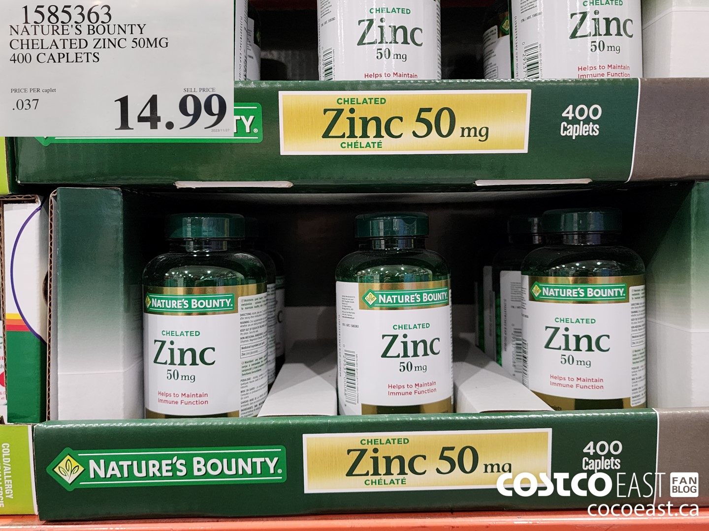 1585363 NATURE'S BOUNTY CHELATED ZINC 50MG 400 CAPLETS $14.99