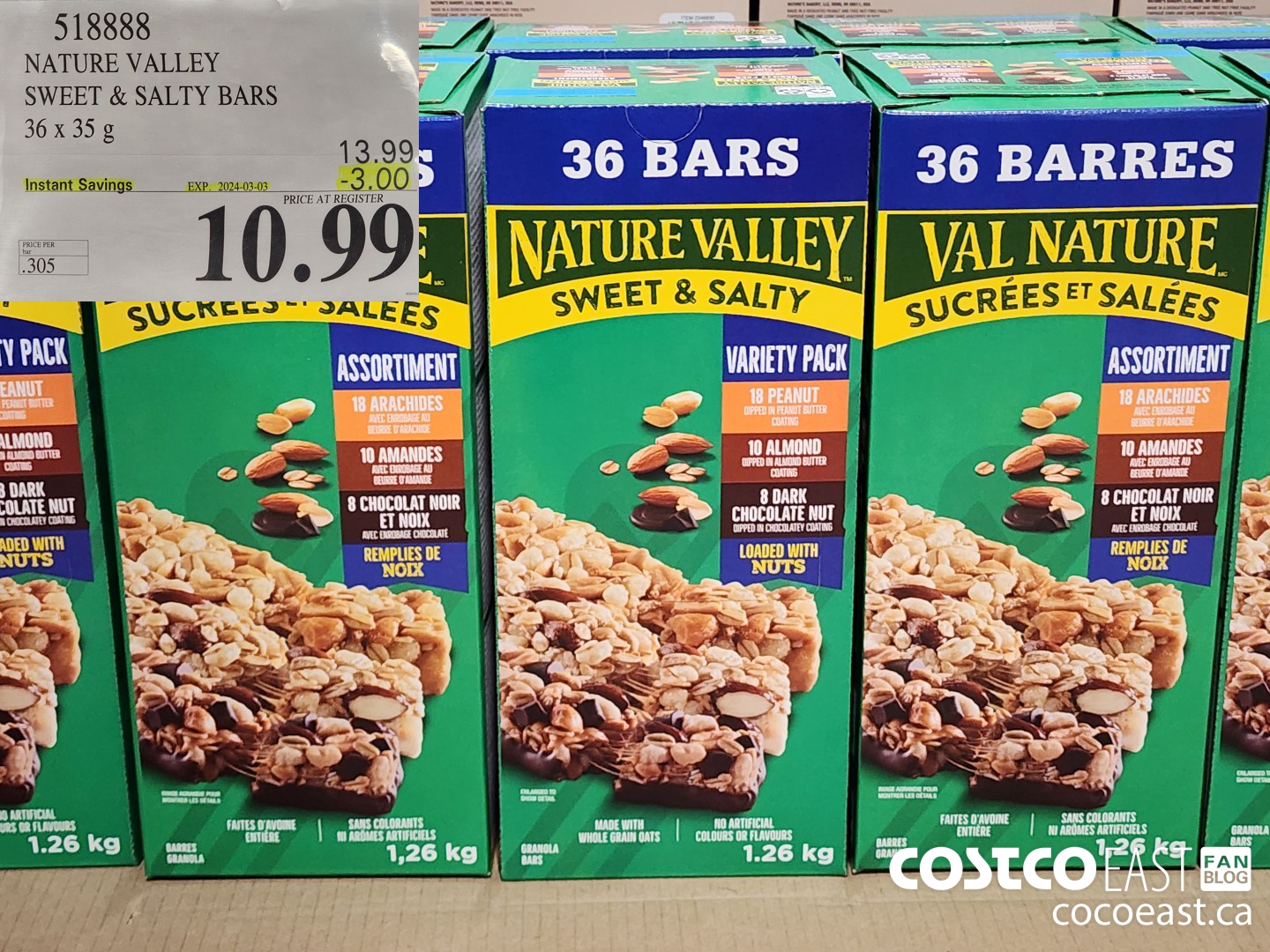 518888 NATURE VALLEY SWEET & SALTY BARS 36 X 35G ($3.00 INSTANT SAVINGS EXPIRES ON 2024-03-03) $10.99