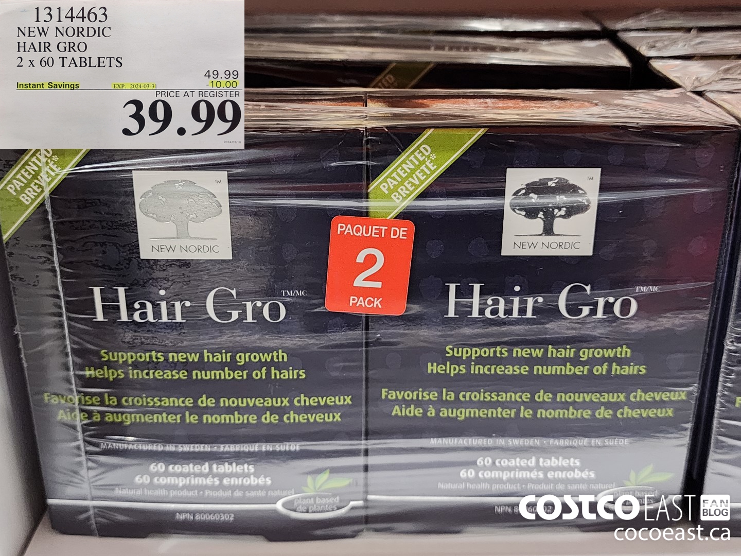 1314463 NEW NORDIC HAIR GRO 2 x 60 TABLETS ($10.00 INSTANT SAVINGS EXPIRES ON 2024-03-31) $39.99