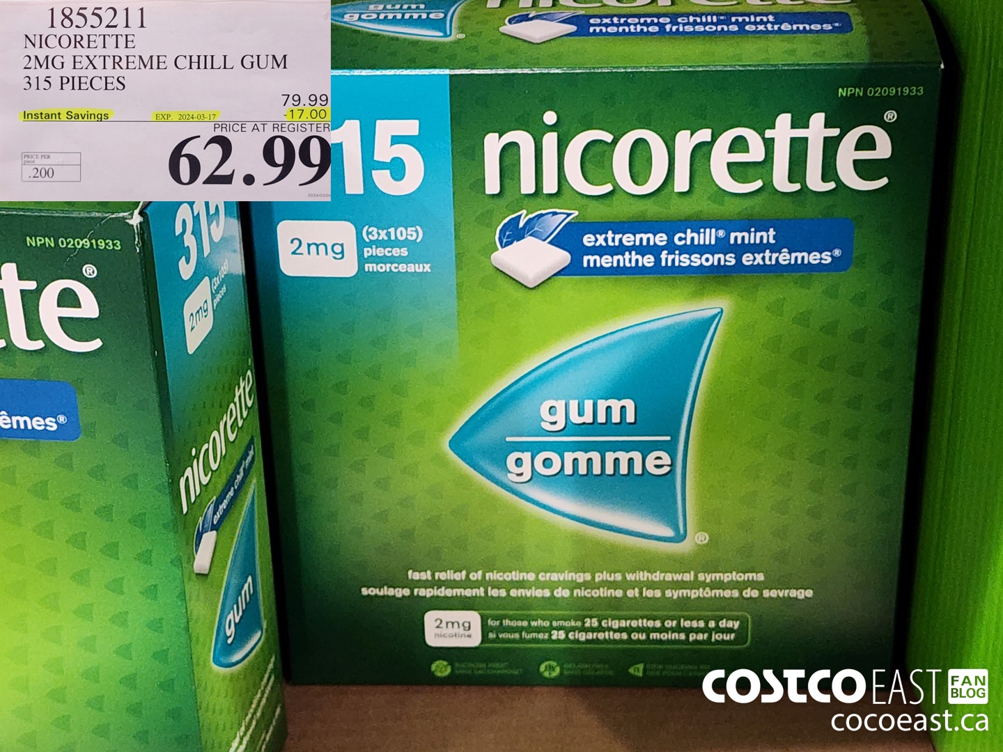 1855211 NICORETTE 2MG EXTREME CHILL GUM 315 PIECES ($17.00 INSTANT SAVINGS EXPIRES ON 2024-03-17) $62.99