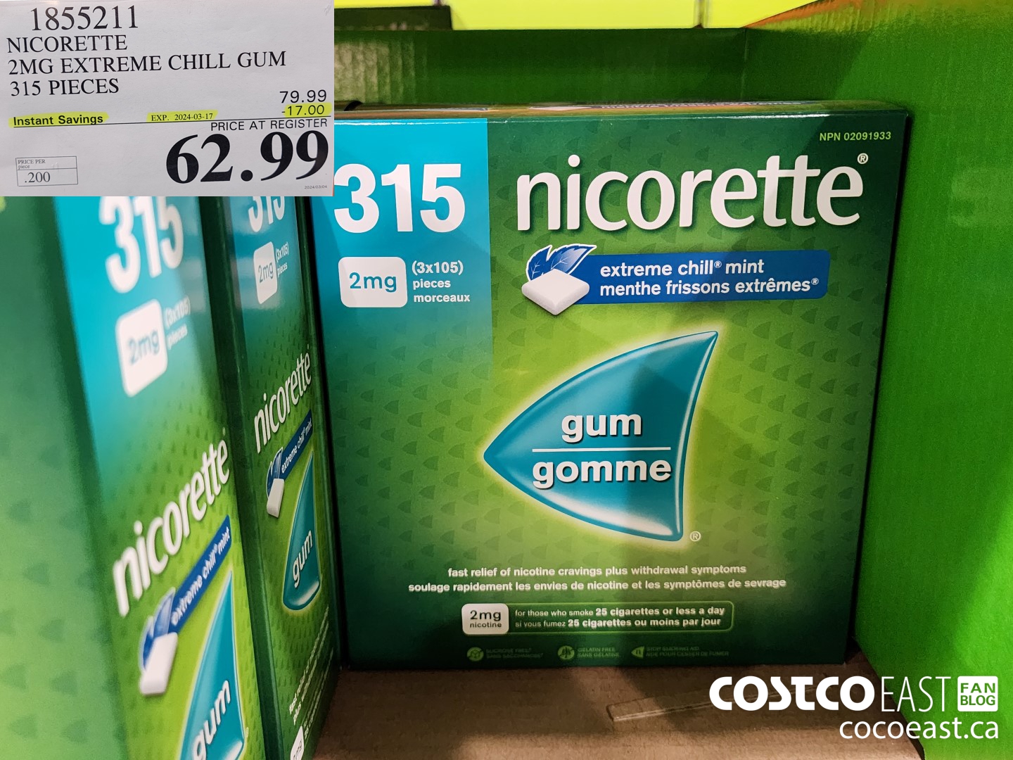 1855211 NICORETTE 2MG EXTREME CHILL GUM 315 PIECES ($17.00 INSTANT SAVINGS EXPIRES ON 2024-03-17) $62.99