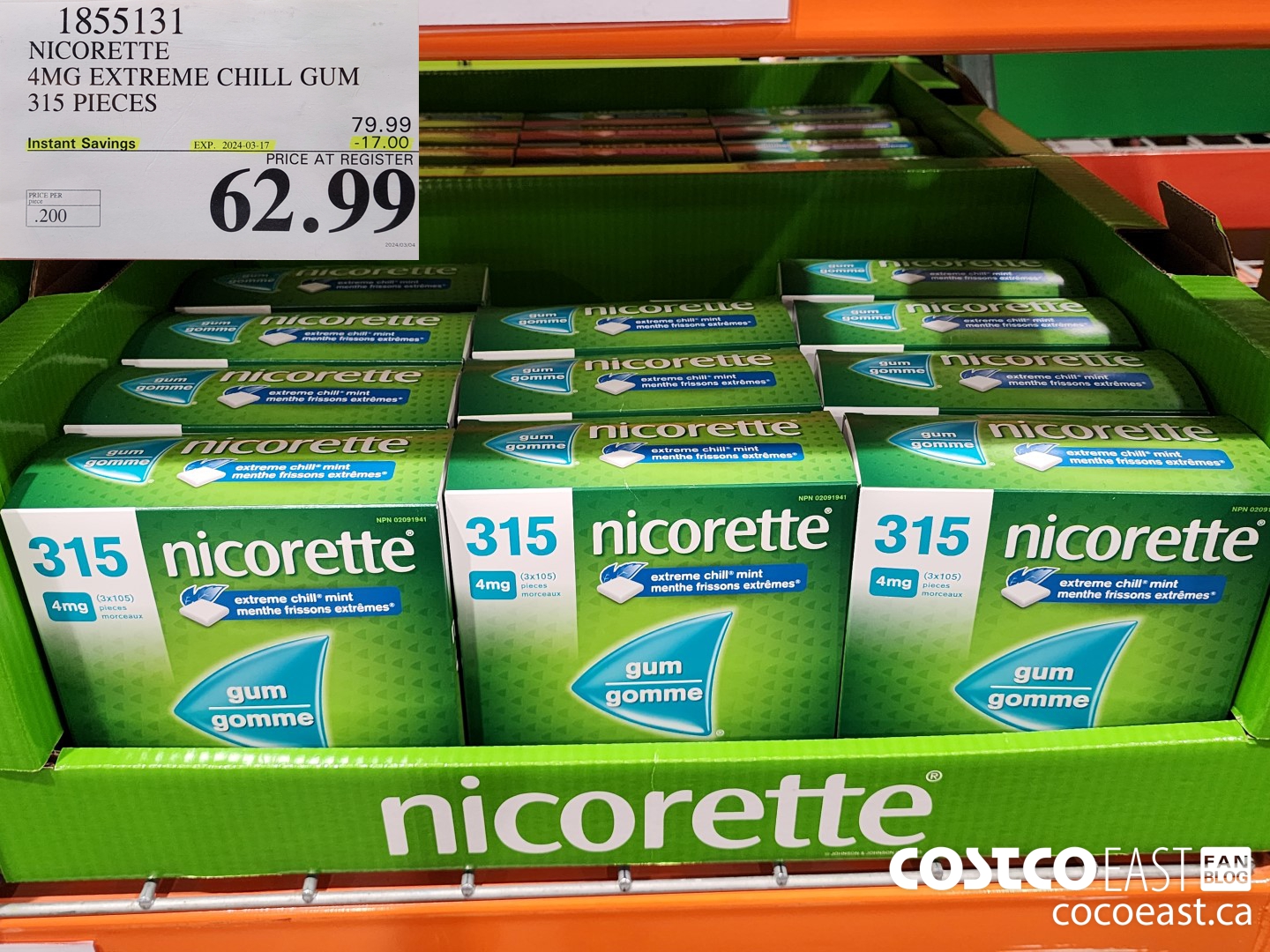 1855131 NICORETTE 4MG EXTREME CHILL GUM 315 PIECES ($17.00 INSTANT SAVINGS EXPIRES ON 2024-03-17) $62.99