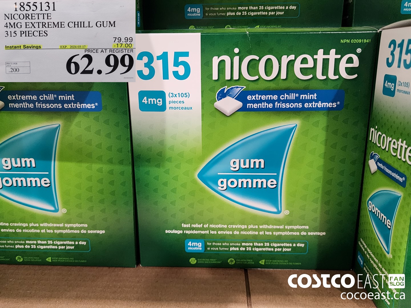 1855131 NICORETTE 4MG EXTREME CHILL GUM 315 PIECES ($17.00 INSTANT SAVINGS EXPIRES ON 2024-03-17) $62.99