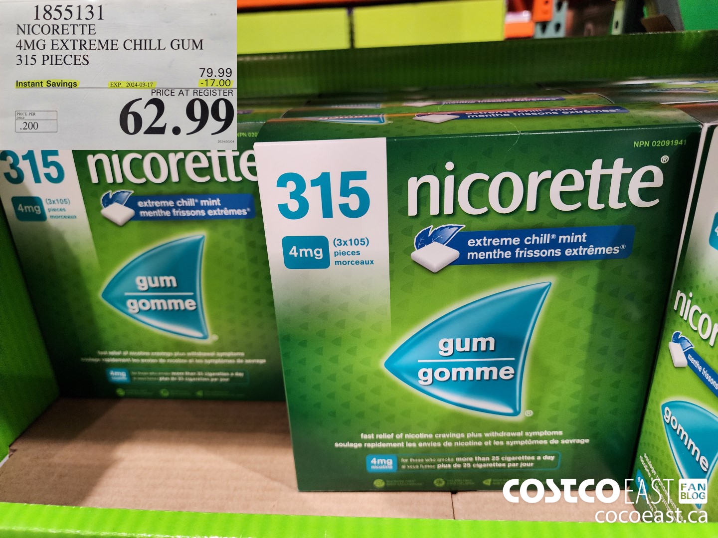 1855131 NICORETTE 4MG EXTREME CHILL GUM 315 PIECES ($17.00 INSTANT SAVINGS EXPIRES ON 2024-03-17) $62.99