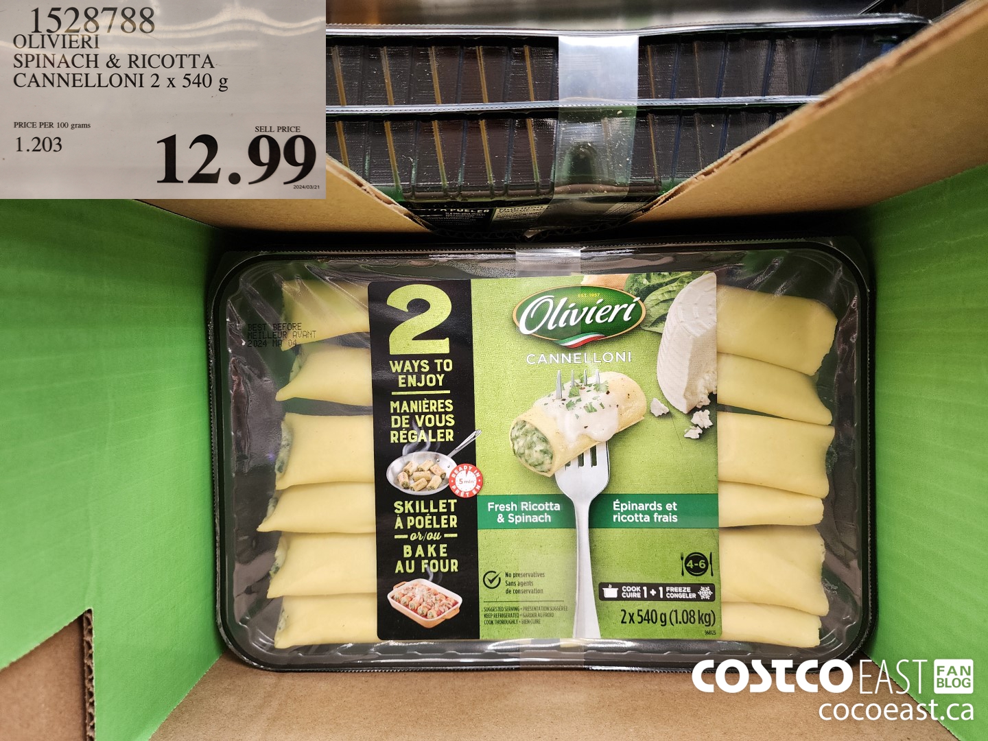 1528788 OLIVIERY SPINACH & RICOTTA CANNELLONI 2 X 540 G $12.99